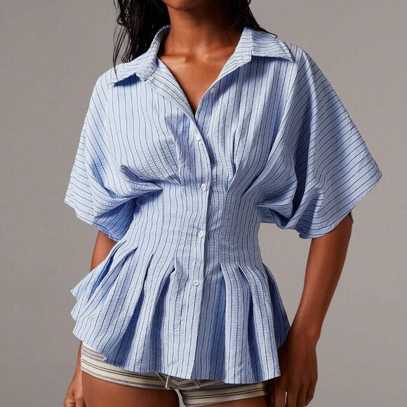 Blue Casual Women's Striped Bat Sleeve Pleated Waist button down Blouse - Picture 4 of 5